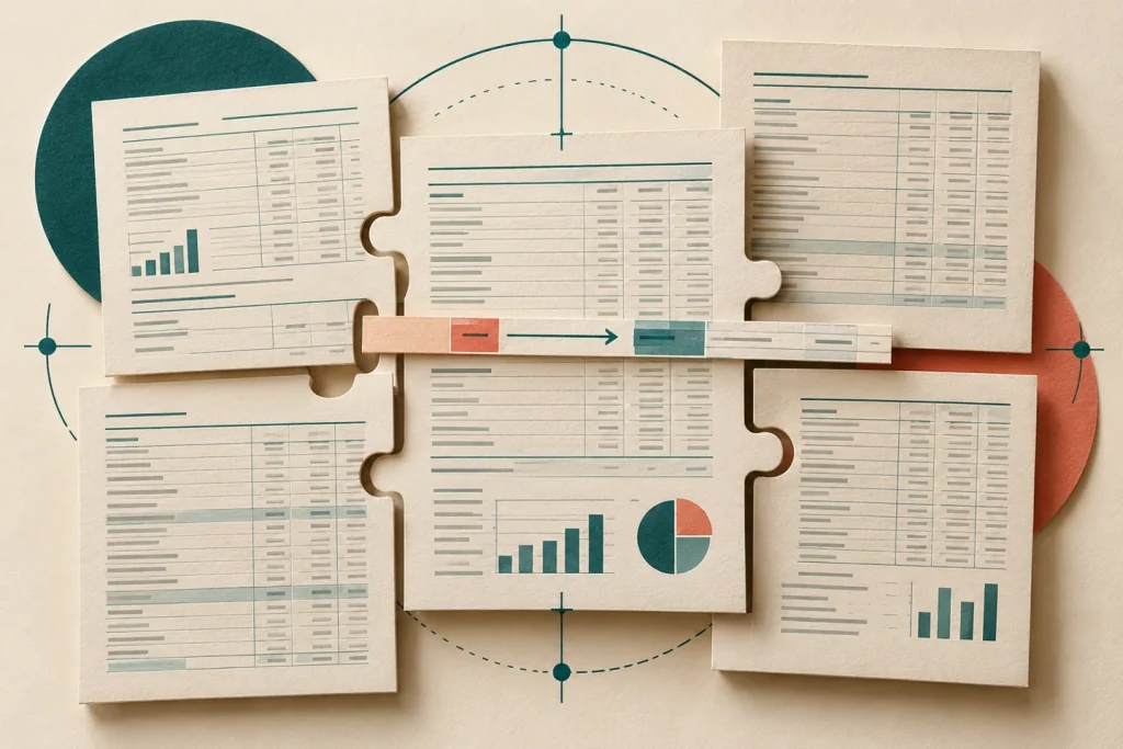 Illustration éditoriale de feuilles comptables réunies en un ensemble cohérent